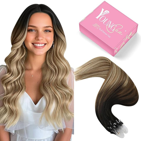 YoungSee Micro Loop Hair Extensions Real Human Hair Balayage 16In Microbead Hair Extensions Human Hair Dark Brown Ombre Blonde with Brown Roots Beaded Hair Extensions Soft and Silky 50g 50s