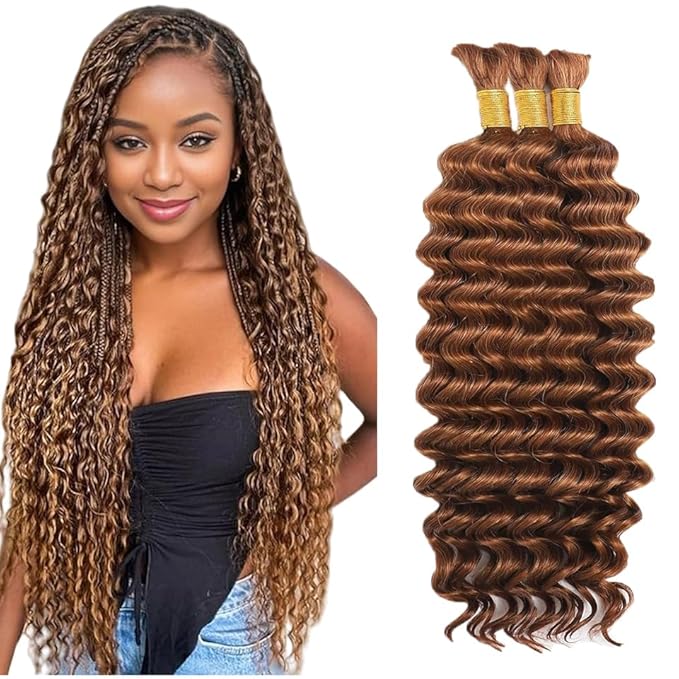 #30 Light Brown Human Braiding Hair Deep Wave Bulk 22 22 22 Inch Human Hair Weave 3 Bundle Unprocessed Brazilian Virgin Hair Brown Deep Curly Braiding Hair Extensions 50 Grams/Bundle