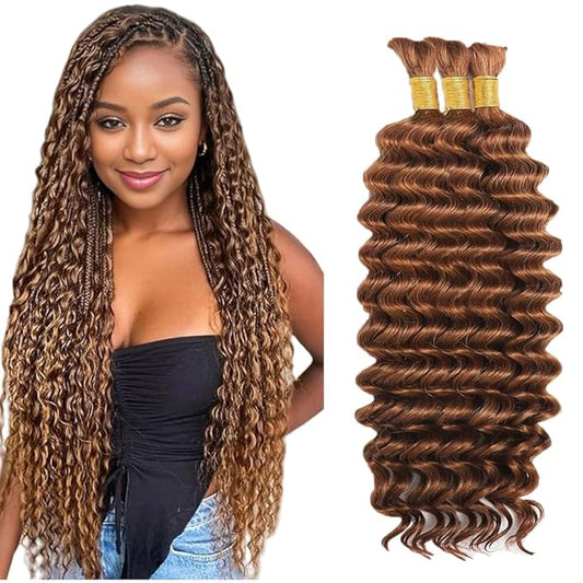 #30 Light Brown Human Braiding Hair Deep Wave Bulk 22 22 22 Inch Human Hair Weave 3 Bundle Unprocessed Brazilian Virgin Hair Brown Deep Curly Braiding Hair Extensions 50 Grams/Bundle