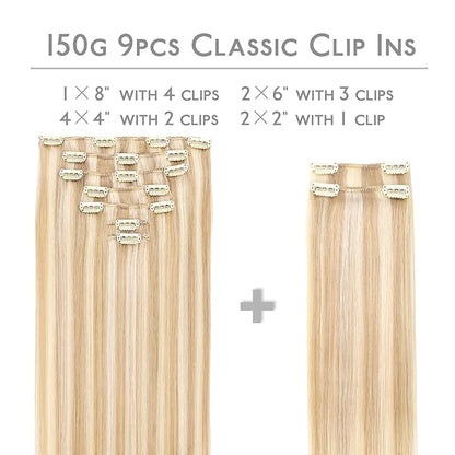 WENNALIFE Hair Extensions Clip In, 9pcs 24inch 150g Dirty Blonde Highlighted Bleach Blonde Thicker Clip In Hair Extensions Real Human Hair Remy hair extension Double Weft Clip in Human Hair Extensions