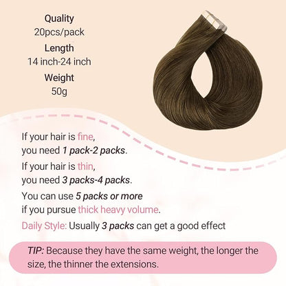 MAXITA Tape in Extensions, 20 Inch 20pcs 50g, Remy Human Hair Tape in Hair Extensions Real Human Hair, Honey Brown Straight Thick Ends Tape Ins Skin Weft Hair Extensions for Women