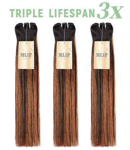 mlip Raw Bundles Human Hair Straight, No Tangle Shedding, Keep Texture Silky Soft After Multiple Washes, 15A Raw Indian Hair Bundles 10 12 14 Inches, Brown Highlight Color