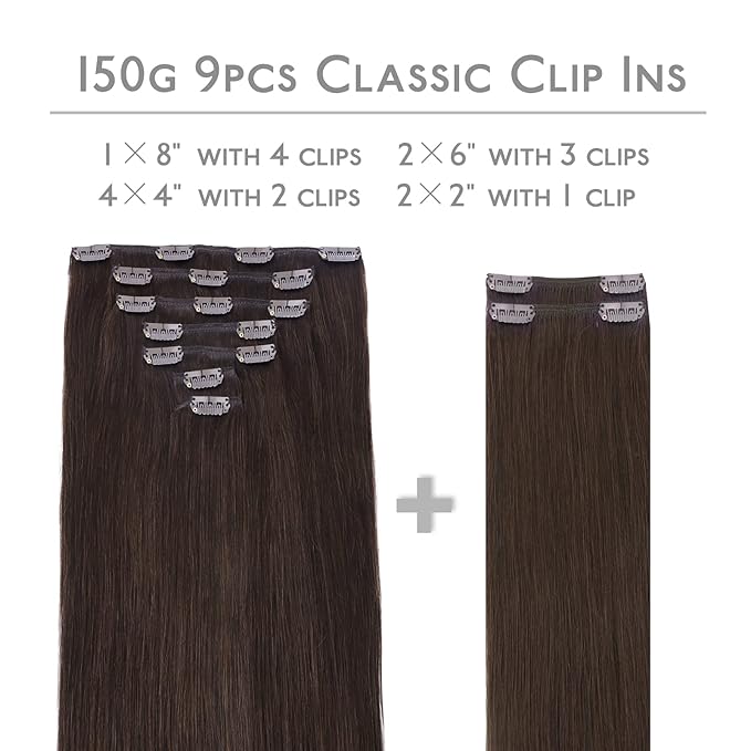 Wennalife Clip in Human Hair Extensions, 16 Inch 150g 9pcs Extensions Real Hair, Light Dark Brown Remy Ins Double Weft, #2A