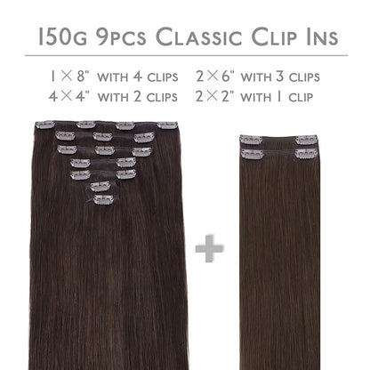 Wennalife Clip in Human Hair Extensions, 16 Inch 150g 9pcs Extensions Real Hair, Light Dark Brown Remy Ins Double Weft, #2A