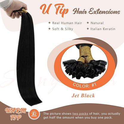Sunny Hair U Tip Hair Extensions Human Hair Black K Tip Hair Extensions Real Human Hair Black Ktip Human Hair Extensions Straight Tip for Women Pre Bonded Fit Any Occasion 16inch 50g