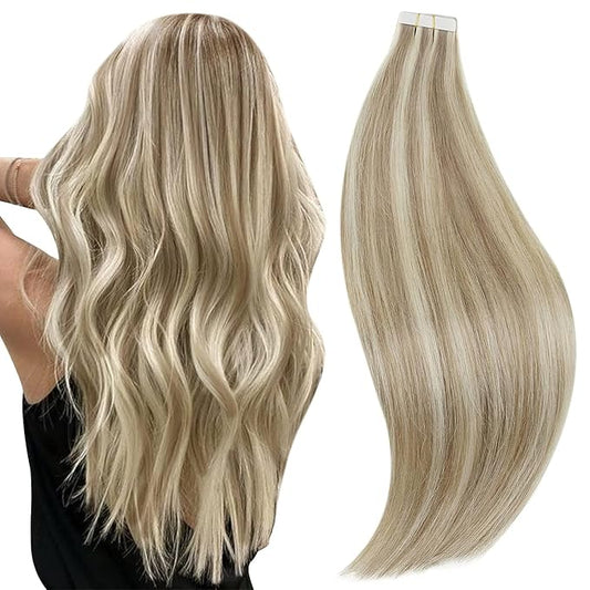 RUNATURE Tape in Hair Extensions Human Hair Blonde 18 Inch Tape in Extensions Human Hair,Ash Brown Highlight Platinum Blonde Straight Silky Double Sided, No Shedding 50g 20pcs