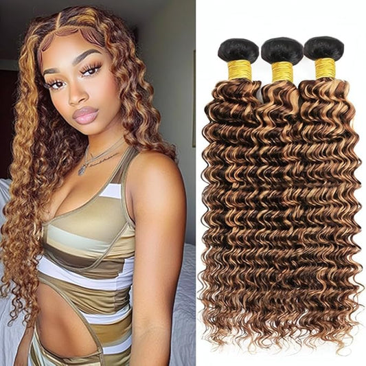 P427 Deep Wave Bundles Human Hair Highlight Deep Wave Bundles Brown and Blonde Double Weft Brazilian Human Hair Extensions Soft and Silky for Black Women 22 24 26 Inch