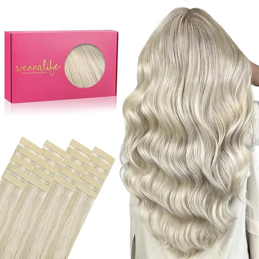 WENNALIFE Tape in Hair Extensions Human Hair, 20pcs 50g 24 inch Ash Blonde Highlighted Platinum Blonde Remy Hair Extensions Straight Human Hair Tape in Extensions Skin Weft Tape Extensions