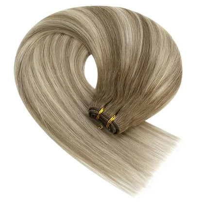 YoungSee Sew in Hair Extensions Balayage Brown Weft Hair Extensions Human Hair Medium Brown Fading to Brown Mix Platinum Soft Sew in Hair Extensions Real Human Hair Hair Loss Coverage 100G 16Inch