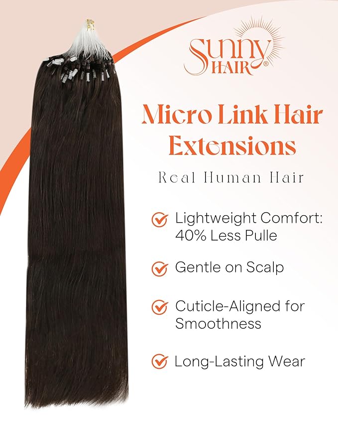 Sunny Hair Long Micro Bead Hair Extensions 24in Micro Loop Hair Extensions Real Human Hair Dark Brown Fusion Hair Extensions Highlight Personality Micro Link Hair Extensions Human Hair for Women 50G