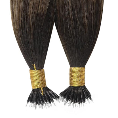 YoungSee Nano Tips Hair Extensions Brown Nano Beads Hair Extensions Real Human Hair Balayage Dark Brown with Blonde Hair Extensions Nano Rings Brown Nano Hair Extension Rings Cold Fusion 50s 50g 20in