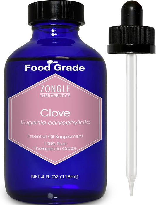 Clove Oil, Food Grade, for Teeth and Gums, Tooth Aches – 100% Pure, Clove, Bud, Essential, Oil, by Zongle Therapeutics, 4 OZ