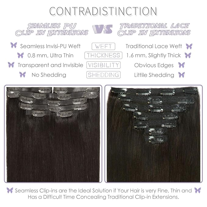Lacer Hair Seamless Clip in Human Hair Extensions Ultra Thin Invisible PU Weft Clip On Hair Extensions 16 Inch 7Pcs 110g Hair Extensions Clip in Human Hair for Fine Thin Hair Women #2 Darkest Brown