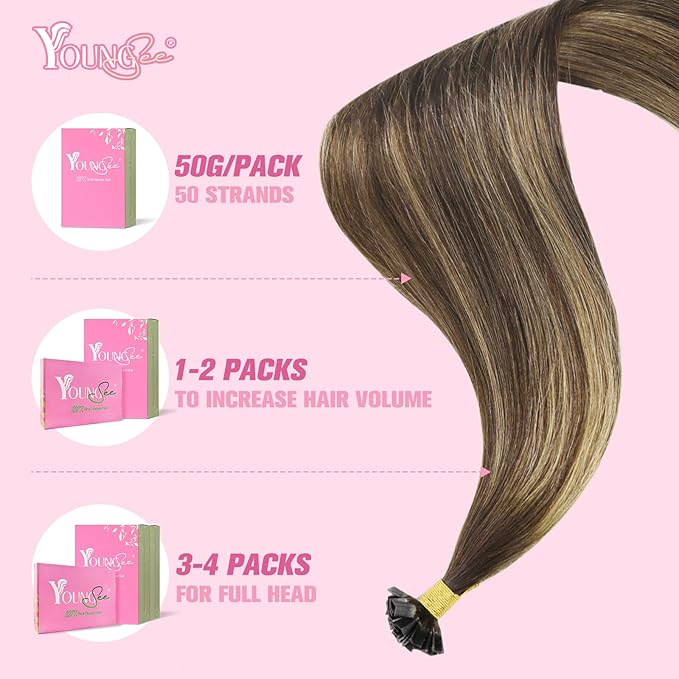 YoungSee K Tip Hair Extensions Real Human Hair Dark Brown Ombre Blonde with Brown Balayage K Tip Hair Extensions Real Human Hair 20In Keratin Hair Extensions Brown Pre Bonded Hair Extensions 50S/50G