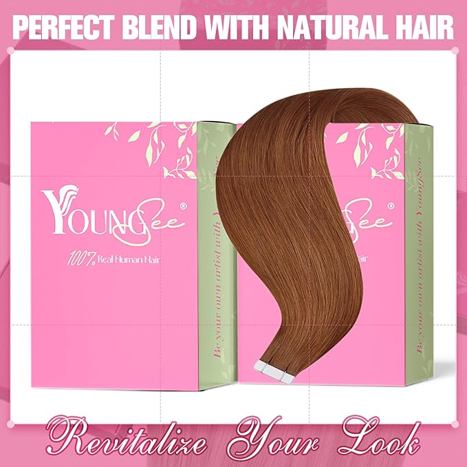 YoungSee Tape in Hair Extensions Copper Tape in Extensions Human Hair 14Inch Tape in Real Hair Extensions Copper Real Hair Extensions Tape in Short Hair Extensions for Women 20Pcs 50G