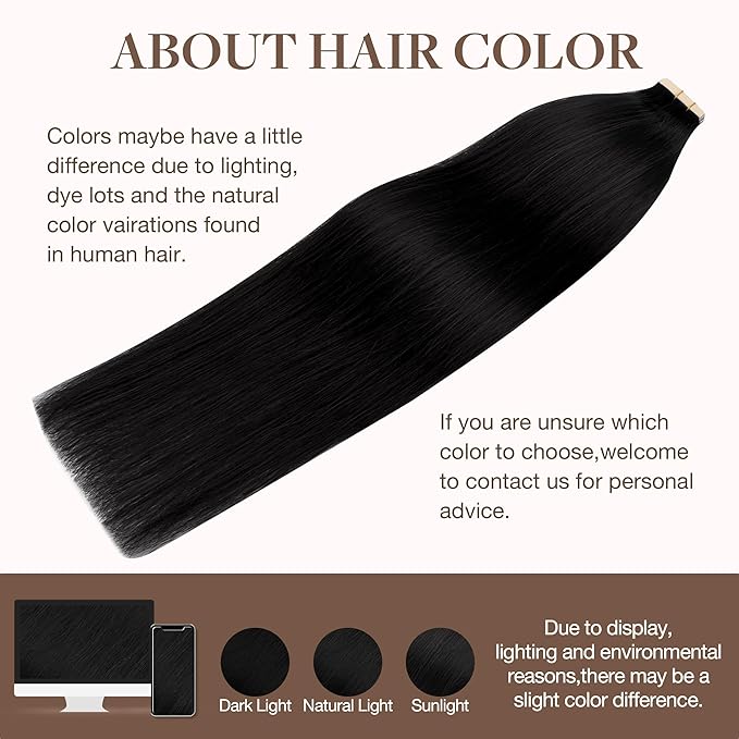 GOO GOO Tape in Hair Extensions Human Hair, 1 Jet black, 20inch 30g 10pcs, Skin Weft Seamless Invisible, Silky Straight with Thick Ends, Remy Human Hair