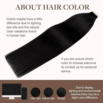 GOO GOO Tape in Hair Extensions Human Hair, 1 Jet black, 20inch 30g 10pcs, Skin Weft Seamless Invisible, Silky Straight with Thick Ends, Remy Human Hair