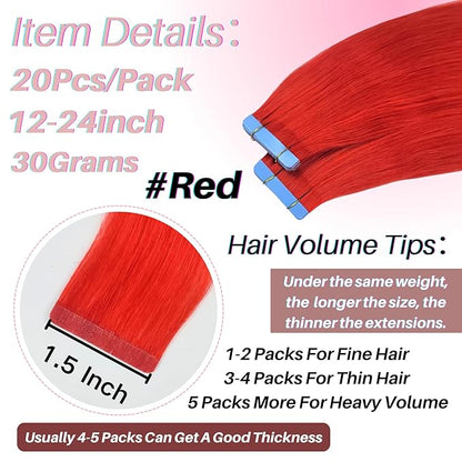 Red Tape in Hair Extensions Human Hair Soft And Silky 14 Inch Invisible Colored Tape in Human Hair Extensions
