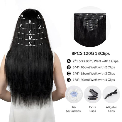 Clip in Hair Extensions Real Human Hair Natural Black Seamless Clip In 100% Remy Hair Extensions PU Skin Weft Add Volume Invisible for Long Straight Hair #1B 16Inch 120G 8PCS