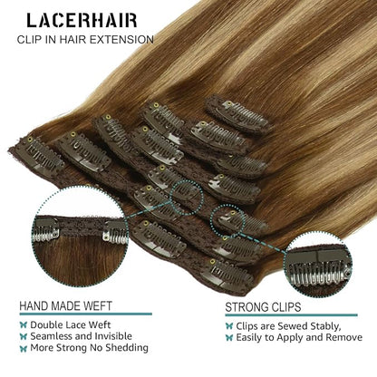 Lacer 18 Inch Highlight Clip in Hair Extensions Chocolate Brown to Caramel Blonde Remy Clip in Human Hair Extensions Straight Balayage Real Natural Hair Extensions 120g 7pcs