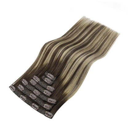 YoungSee 150G Clip in Hair Extensions Real Human Hair Brown Balayage Hair Extensions Clip ins Chocolate Brown with Ash Blonde Balayage Silky Clip on Hair Extensions Human Hair 24inch 7pcs