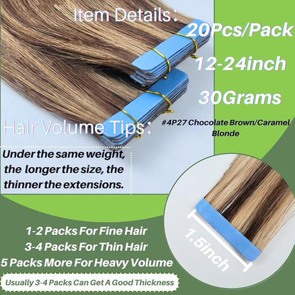 Brown Blonde Tape in Hair Extensions Human Hair Seamless Silky Straight Hair Extensions Real Human Hair Tape in 16Inch 20PCS 30G
