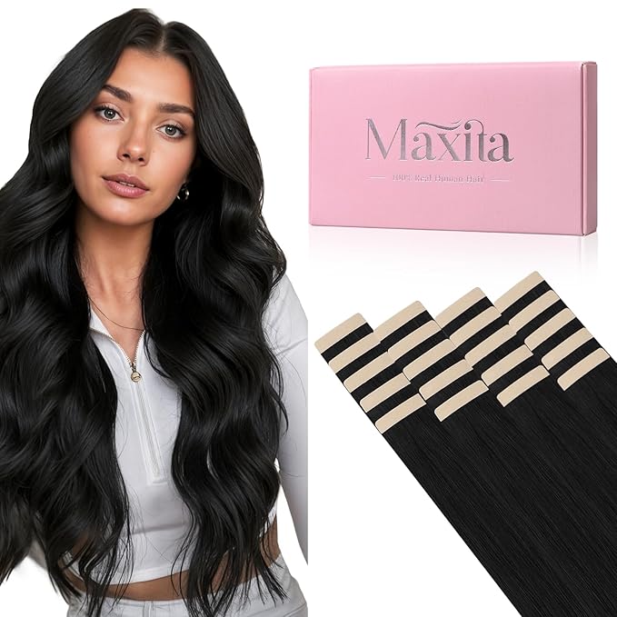 MAXITA Hair Extensions Tape in Natural Black Tape in Extensions Remy Human Hair Seamless Straight Human Hair Extensions 14 Inch 20pcs 50g Real Human Hair for Women
