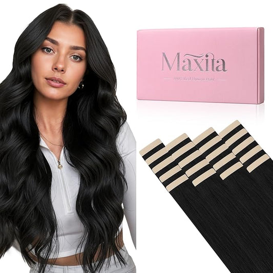 MAXITA Tape in Hair Extensions Human Hair 1B Natural black 20inch 50g 20pcs Thick Ends Straight Seamless Tape ins invisible seamless Real Human Hair Extensions for Women