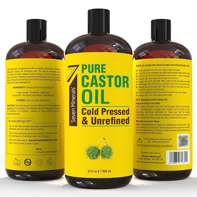 Pure Cold Pressed Castor Oil - Big 32 fl oz Bottle - Unrefined & Hexane Free - 100% Pure Castor Oil for Hair Growth, Thicker Eyelashes & Eyebrows, Dry Skin, Healing, Hair Care, Joint and Muscle Pain