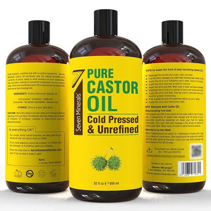 Pure Cold Pressed Castor Oil - Big 32 fl oz Bottle - Unrefined & Hexane Free - 100% Pure Castor Oil for Hair Growth, Thicker Eyelashes & Eyebrows, Dry Skin, Healing, Hair Care, Joint and Muscle Pain