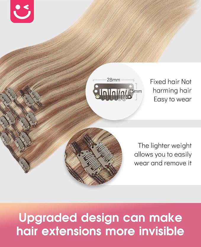 Youngsmile Human Hair Extensions Clip in,Remy Clip in Hair Extensions Human Hair Balayage Ash Brown to Caramel Blonde 20 Inch 120g 7pcs Soft Straight Thick (CLIP#10/27/27-20inch)