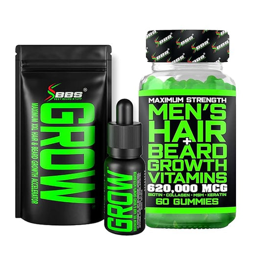 Beard Growth Kit w/GROW Beard Oil for Men (Mens Beard Growth Serum) + Biotin Gummies Beard Growth Vitamins & Hair Growth Vitamins for Men