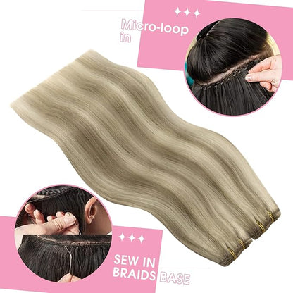 YoungSee Weft Human Hair Extensions Blonde Highlight Sew in Hair Extensions Human Hair Light Brown with Blonde Highlight Sew in Weft Hair Extensions Human Hair Can Be Ironed and Dyed 22Inch 100G
