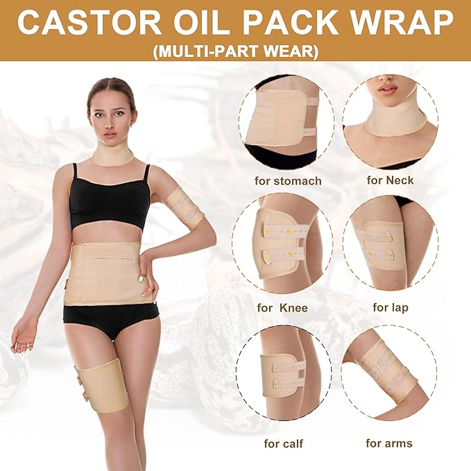 Castor Oil Organic Cold Pressed Unrefined Glass Bottle,Castor Oil Pack Wrap Organic Cotton for Stomach-Neck-Abdomen -Knee-Arm-Liver Detox.organic castor oil for Hair Growth -Face-Lashes & Eyebrows