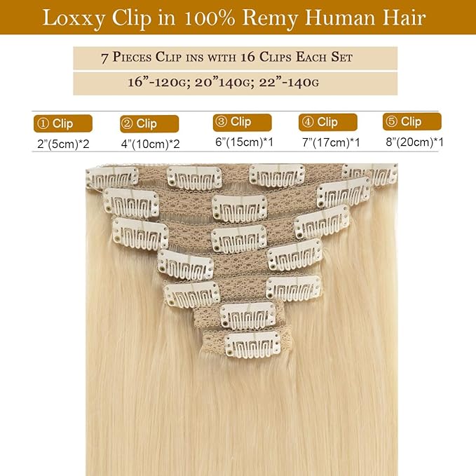 Loxxy 9A Grade Remy Human Hair Clip Ins Hair Extensions Full Head Thick Silky Straight Clip in Human Hair Double Weft Thicker 18 Inch #60A 120g 7 Pieces 16 clips