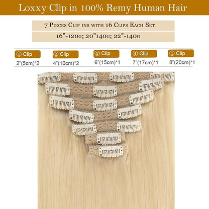 Loxxy 9A Grade Remy Human Hair Clip Ins Hair Extensions Full Head Thick Silky Straight Clip in Human Hair Double Weft Thicker 18 Inch #60A 120g 7 Pieces 16 clips