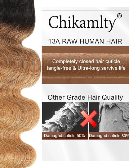 Ombre Bundles Human Hair, 13A Raw Indian Hair Bundles Body Wave, 28 Inch Colored Honey Blonde 1B27 Ombre Human Hair Bundles, 2 Years Service Life, Keep Texture Silky Soft Tangle-Free