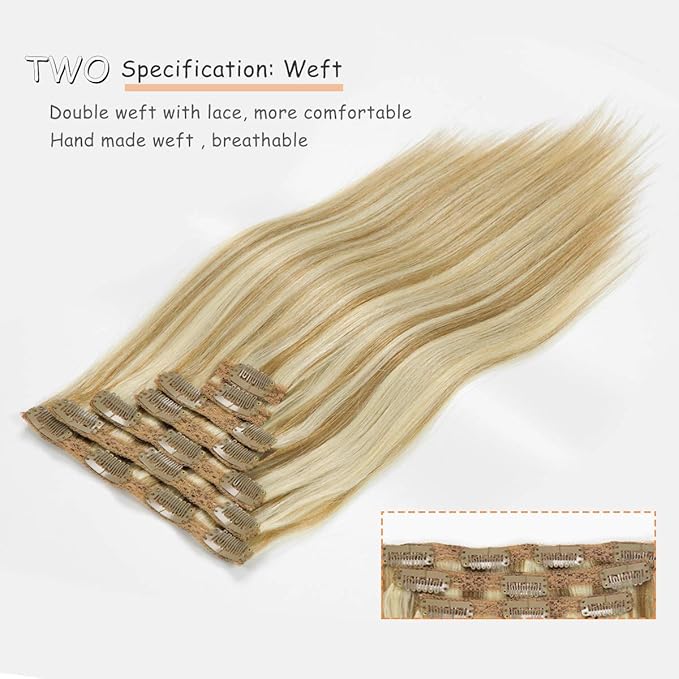 Caliee Clip in Hair Extensions Human Hair for Women Long Soft Silky Double Weft Lace Clip ins P10-613 Highlight Golden Brown and Bleach Blonde 7PCS 20 Inch 120G Real Hair Clip in Hair Extensions
