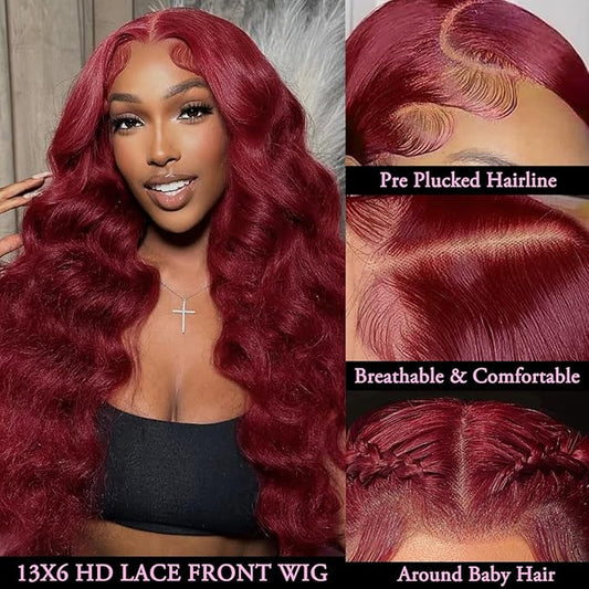 99J Burgundy Lace Front Wigs Human Hair Loose Body Wave Wigs 13x6 Burgundy Wig Human Hair 24Inch Pre Plucked 220% Density Dark Burgundy DeepWave Wig for Women Loose Wave HumanHair 99J Red Wigs