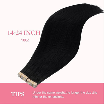 GOO GOO Tape in Hair Extensions Human Hair, 1 Jet black, 20inch 100g 40pcs, Skin Weft Seamless Invisible, Silky Straight with Thick Ends, Remy Human Hair