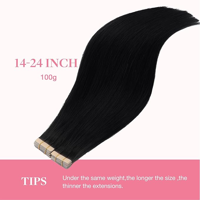 GOO GOO Tape in Hair Extensions Human Hair, 1 Jet black, 24inch 100g 40pcs, Skin Weft Seamless Invisible, Silky Straight with Thick Ends, Remy Human Hair