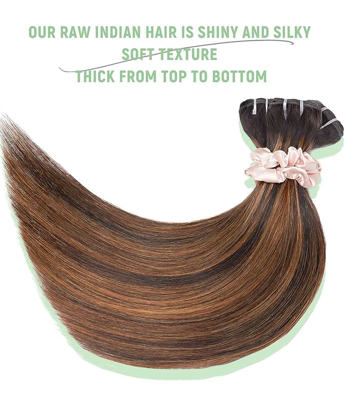 mlip Raw Bundles Human Hair Straight, No Tangle Shedding, Keep Texture Silky Soft After Multiple Washes, 15A Raw Indian Hair Bundles 10 12 14 Inches, Brown Highlight Color