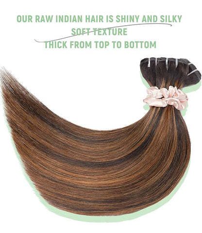 mlip Raw Bundles Human Hair Straight, No Tangle Shedding, Keep Texture Silky Soft After Multiple Washes, 15A Raw Indian Hair Bundles 10 12 14 Inches, Brown Highlight Color