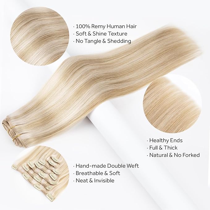 Clip in Hair Extensions Real Human Hair, 100% Remy Hair Extensions Clip Ins, Dark Blonde Highlighted Bleach Blonde Hair Extension for Women, #P18A/613A 24Inch 120G 7PCS