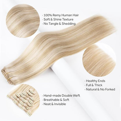 Clip in Hair Extensions Real Human Hair, 100% Remy Hair Extensions Clip Ins, Dark Blonde Highlighted Bleach Blonde Hair Extension for Women, #P18A/613A 24Inch 120G 7PCS
