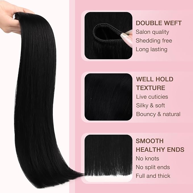 GOO GOO Sew in Hair Extensions Real Human Hair, Weft Hair Extensions Human Hair, 1 Jet black 20inch 105g, Weft Bundles Straight Silky Remy Hair