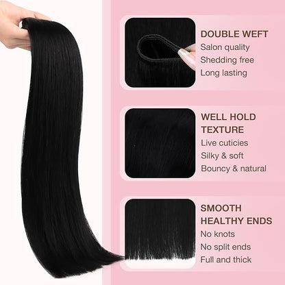 GOO GOO Sew in Hair Extensions Real Human Hair, Weft Hair Extensions Human Hair, 1 Jet black 20inch 105g, Weft Bundles Straight Silky Remy Hair