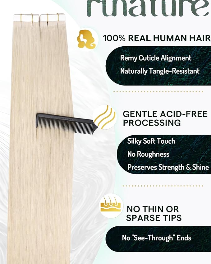 RUNATURE Tape in Hair Extensions Human Hiar Blonde Hair Extensions Tape Ins 28 Inch Long Tape in Extensions Human Hair Silky Remy Hair for Women 50g 20pcs #800 White Blonde