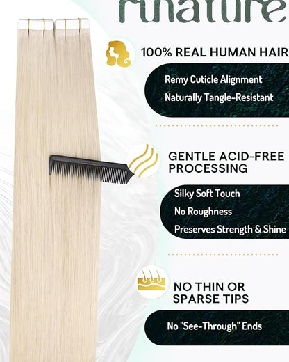 RUNATURE Tape in Hair Extensions Human Hiar Blonde Hair Extensions Tape Ins 28 Inch Long Tape in Extensions Human Hair Silky Remy Hair for Women 50g 20pcs #800 White Blonde