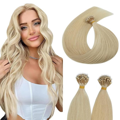 Nano Bond Human Hair Extensions - Nano Ring Hair Extensions; Silky Straight, Natural 50g/50 Stands, 22" Platinum Blonde